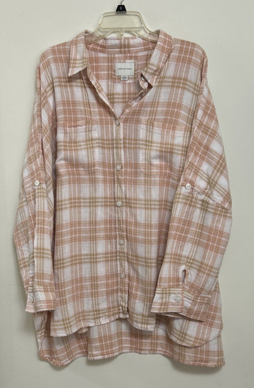 American Eagle Tunic Top Oversized Striped Boho 3/4 Sleeve Linen Blend Large